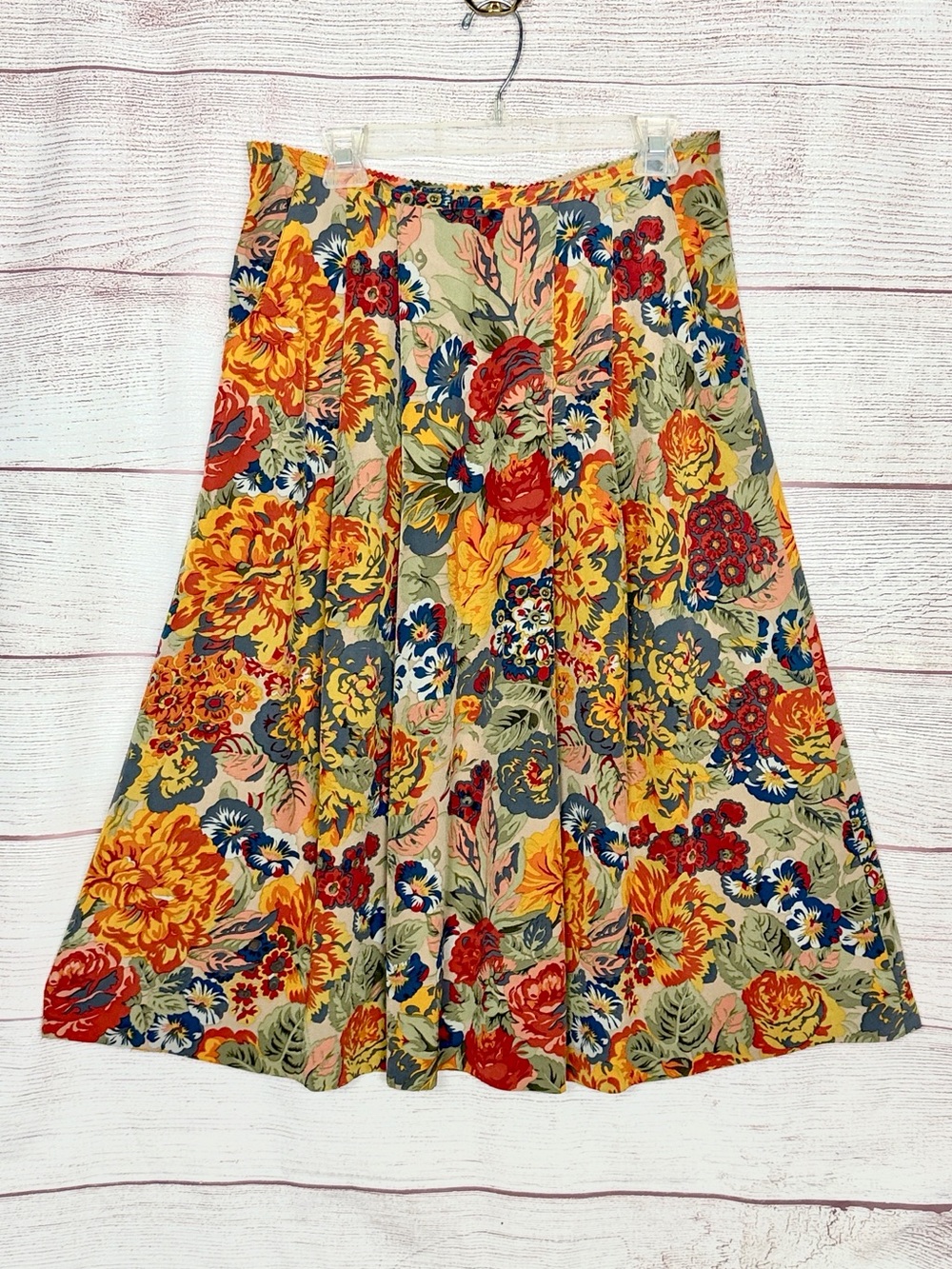 GALINDA WANG Vintage Silk Floral Skirt Autumn Garden Pleated Pockets Midi US 6
